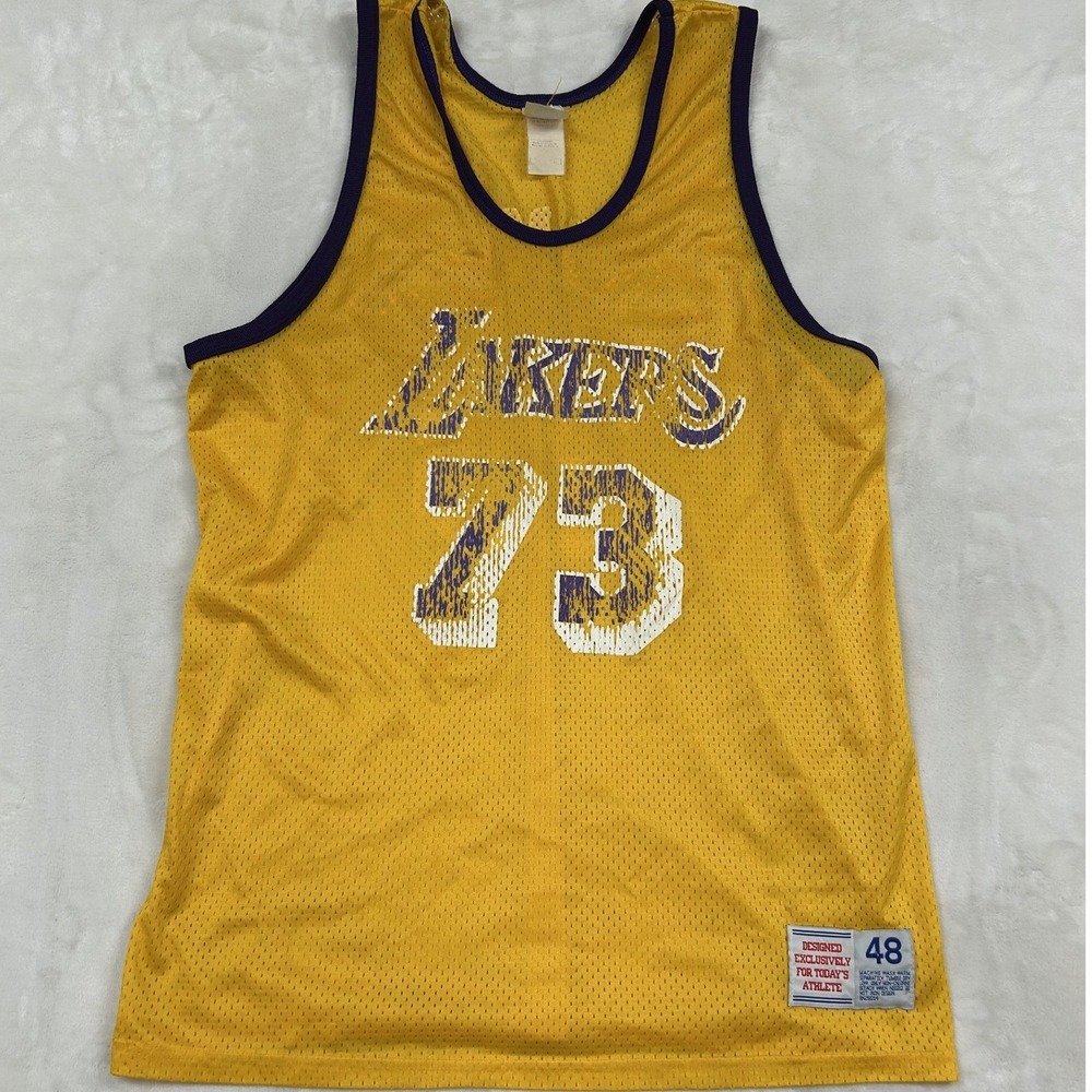 Hanes Basketball Jersey Mens 48 Yellow Lakers Dennis Rodman 73 Mesh Vintage
